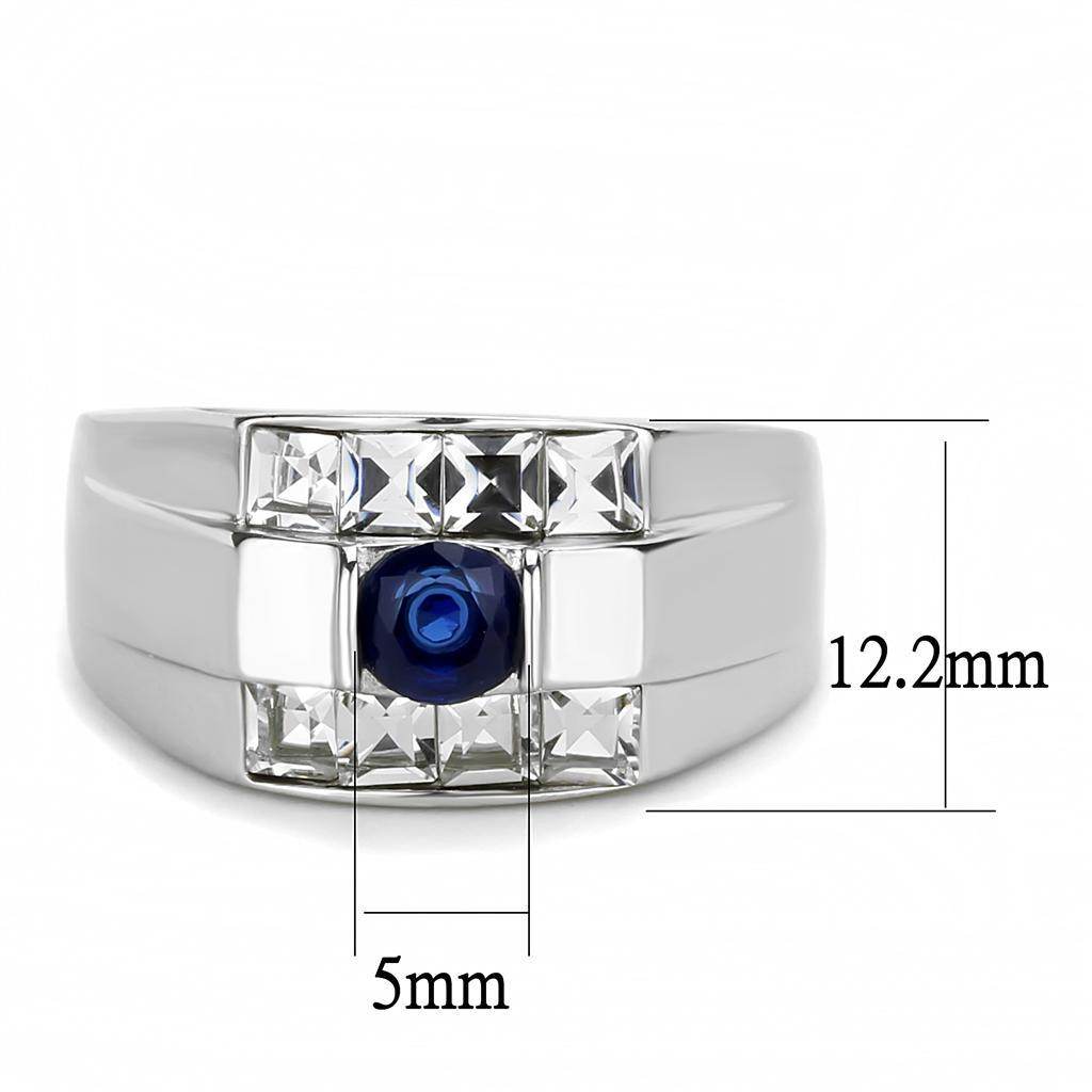 Affordable stainless steel rings for men featuring a blue gemstone and cubic zirconia accents