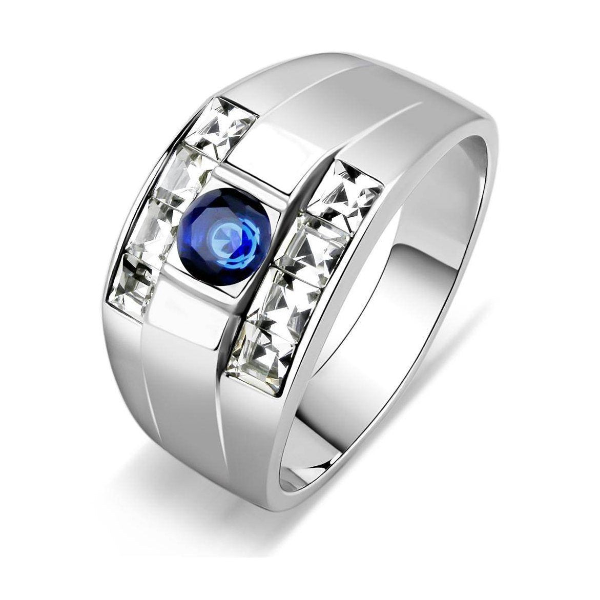 Stylish affordable stainless steel rings featuring a blue stone and crystal accents for men's jewelry