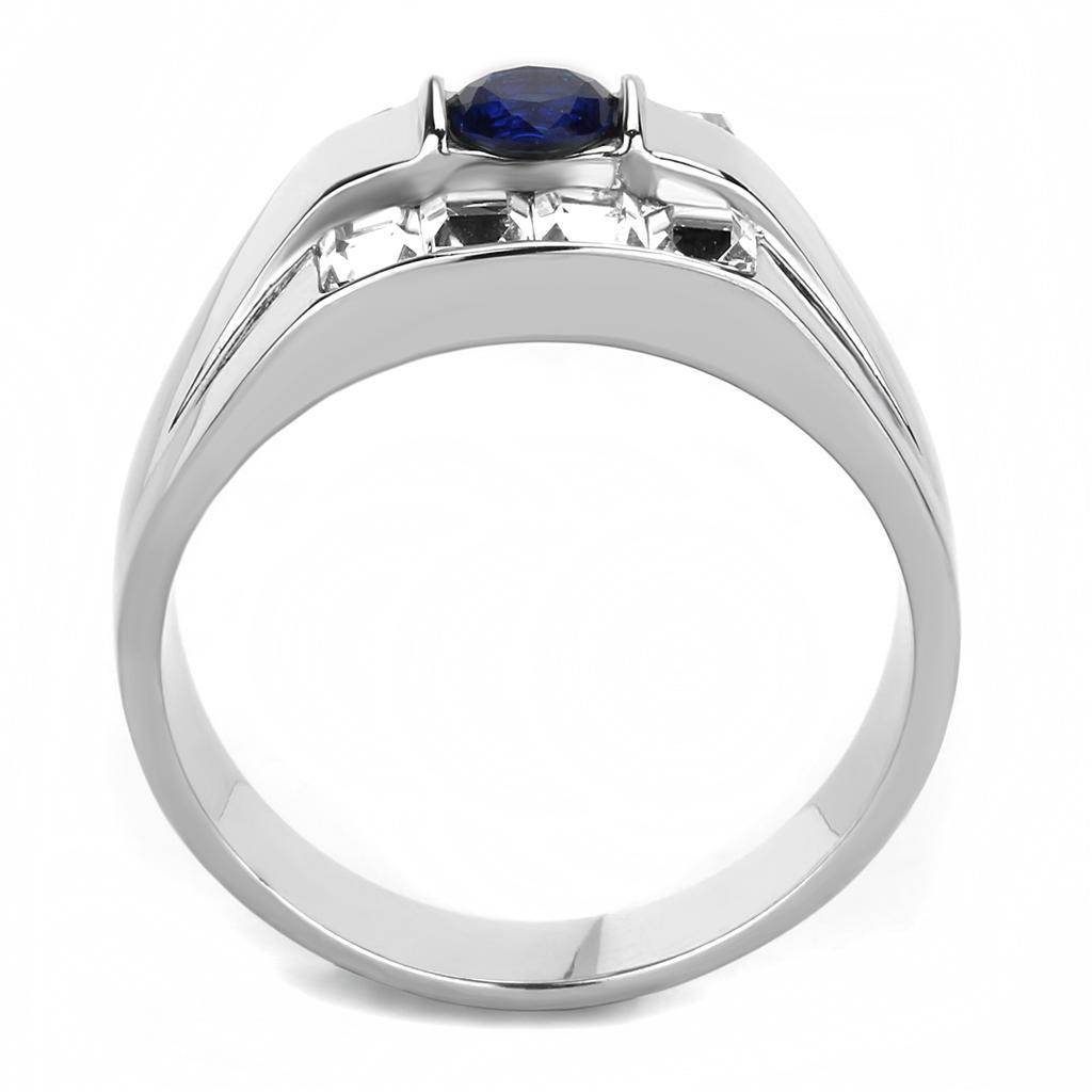 Stylish men's affordable stainless steel rings featuring a blue gemstone and crystal accents