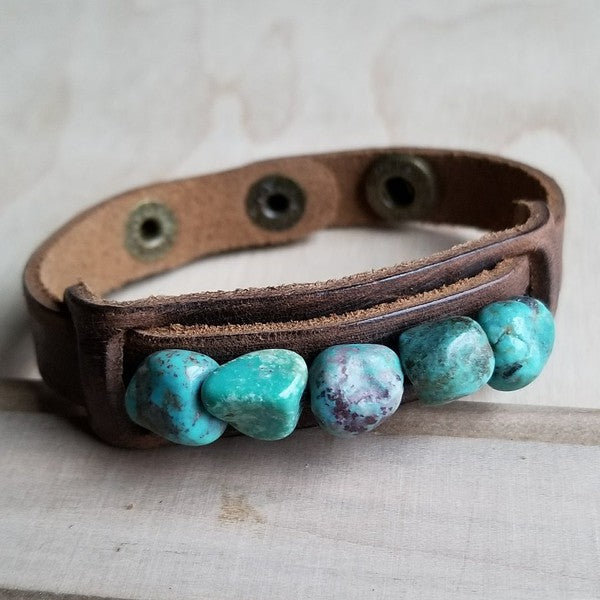 African turquoise cuff bracelet with natural stones on a brown leather strap for stylish accessories