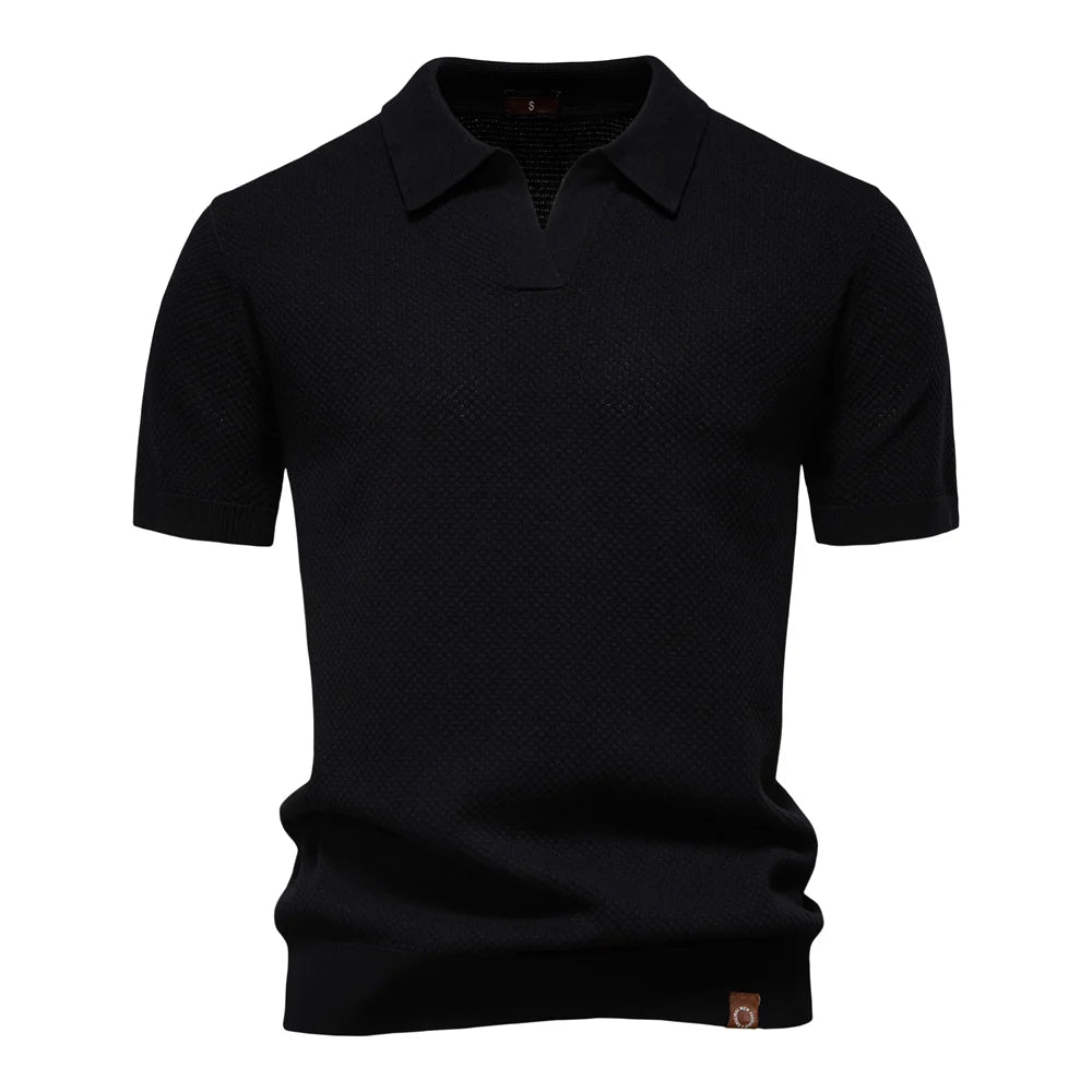 Black men's short sleeve polo's made from breathable cotton, perfect for casual outings