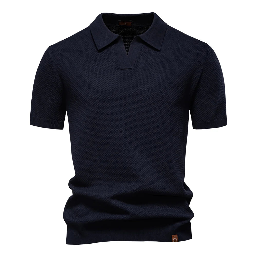 Men's short sleeve polo's in navy blue, cotton blend for casual wear