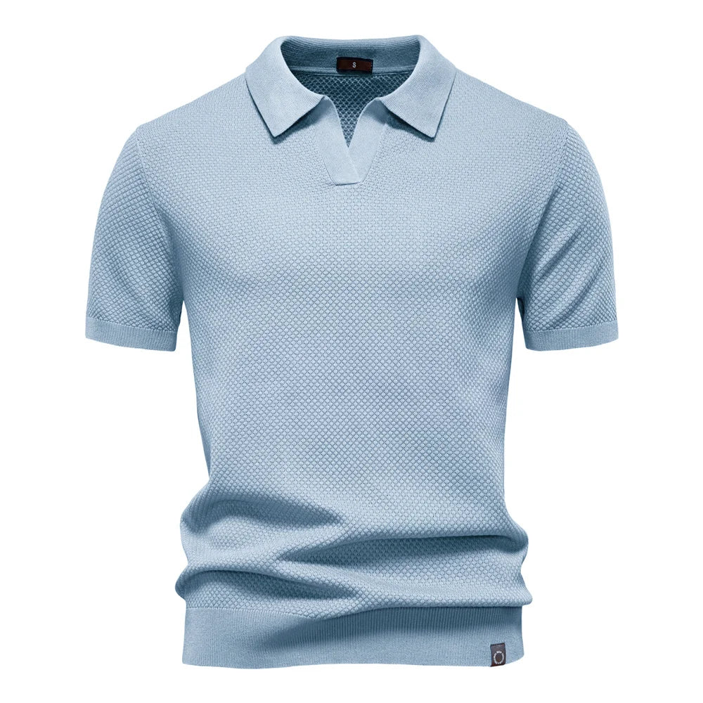 Men's light blue knit polo shirt for casual summer outings