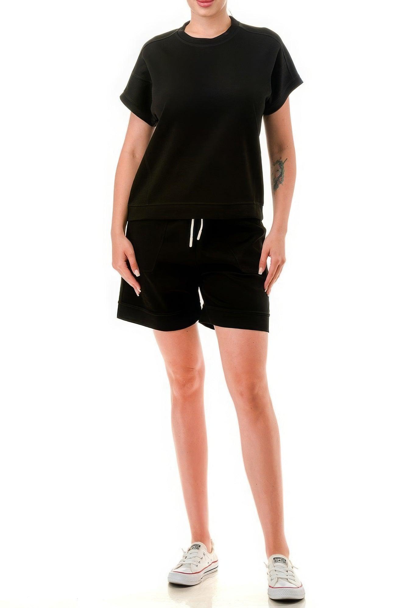 Women's Activewear Air Cotton Monochrome Tee And Shorts Set