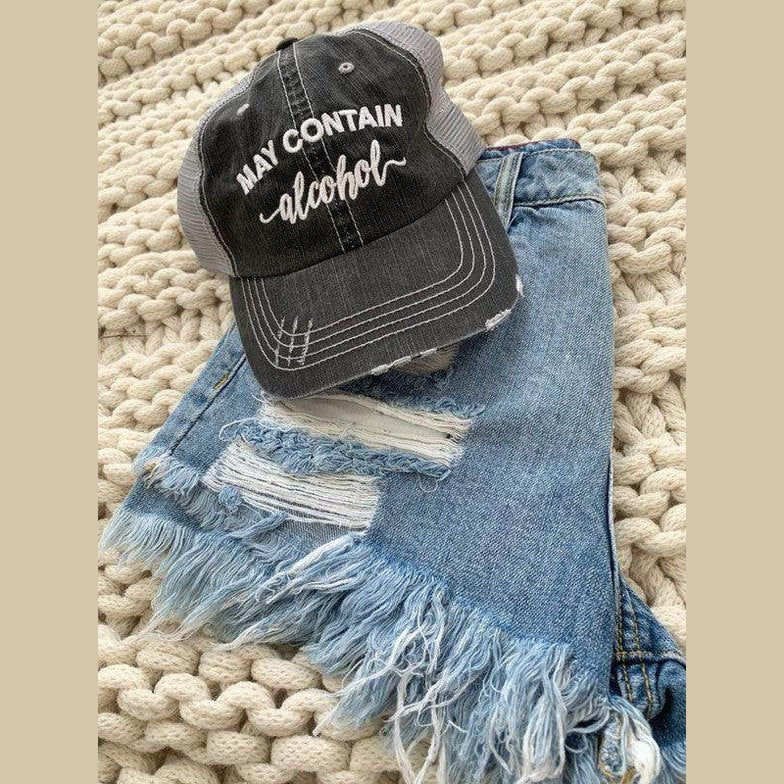Ocean and 7th Women's Alcohol Themed Hat with Distressed Black Design on Denim Background