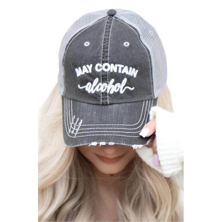 Ocean and 7th alcohol themed hat with embroidered 'May Contain Alcohol' design for casual wear