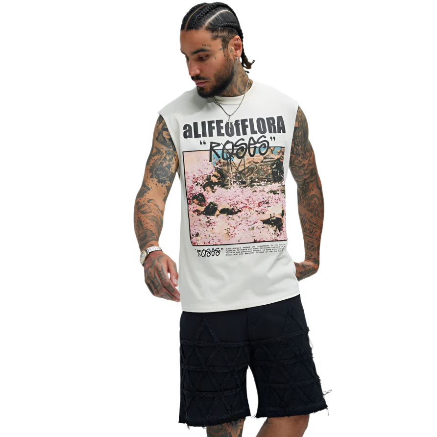 VacationGrabs men's summer streetwear sleeveless shirt with graphic floral print in white