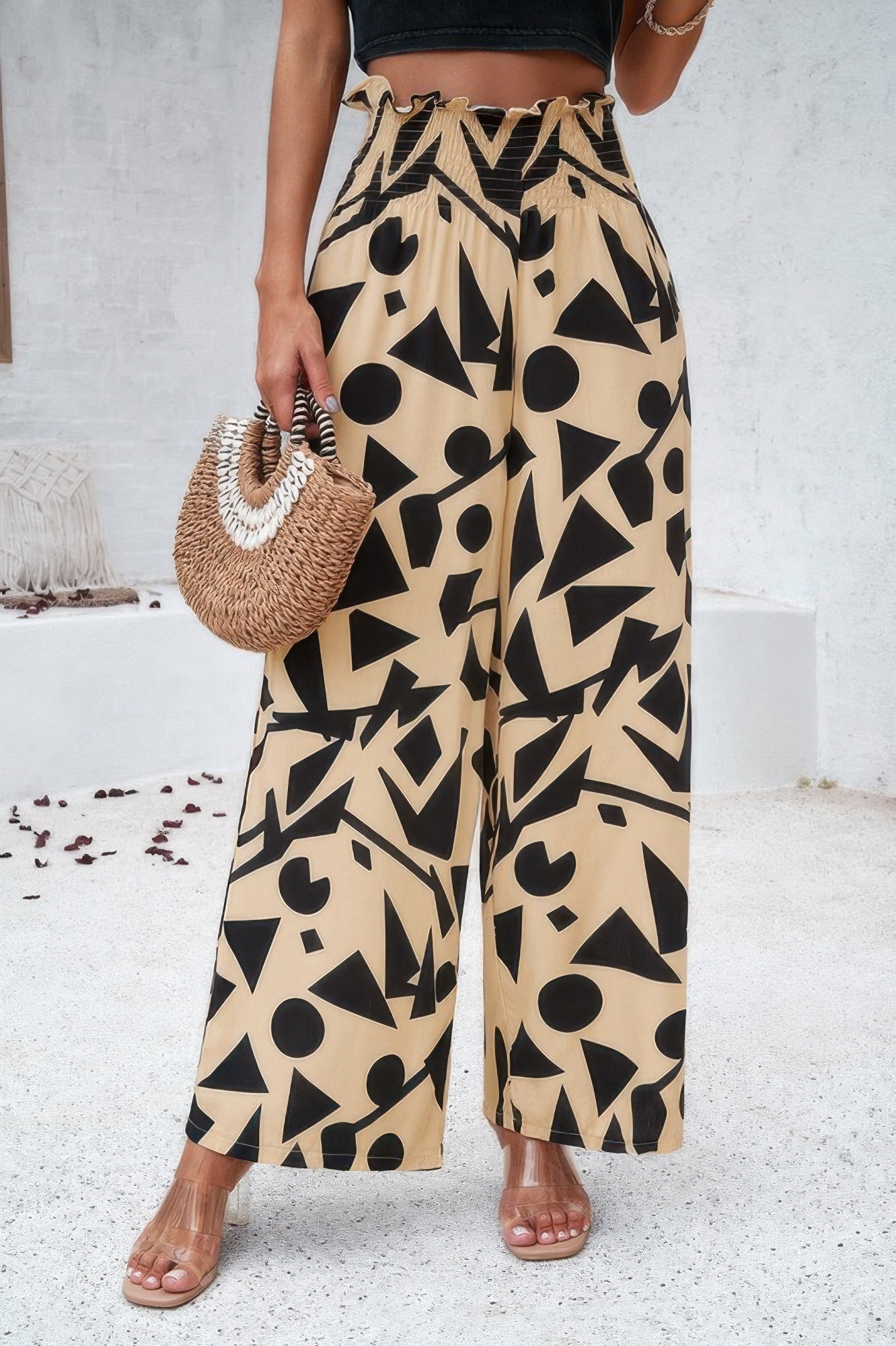 VacationGrabs women's allover print vacation pants with black geometric shapes on beige fabric