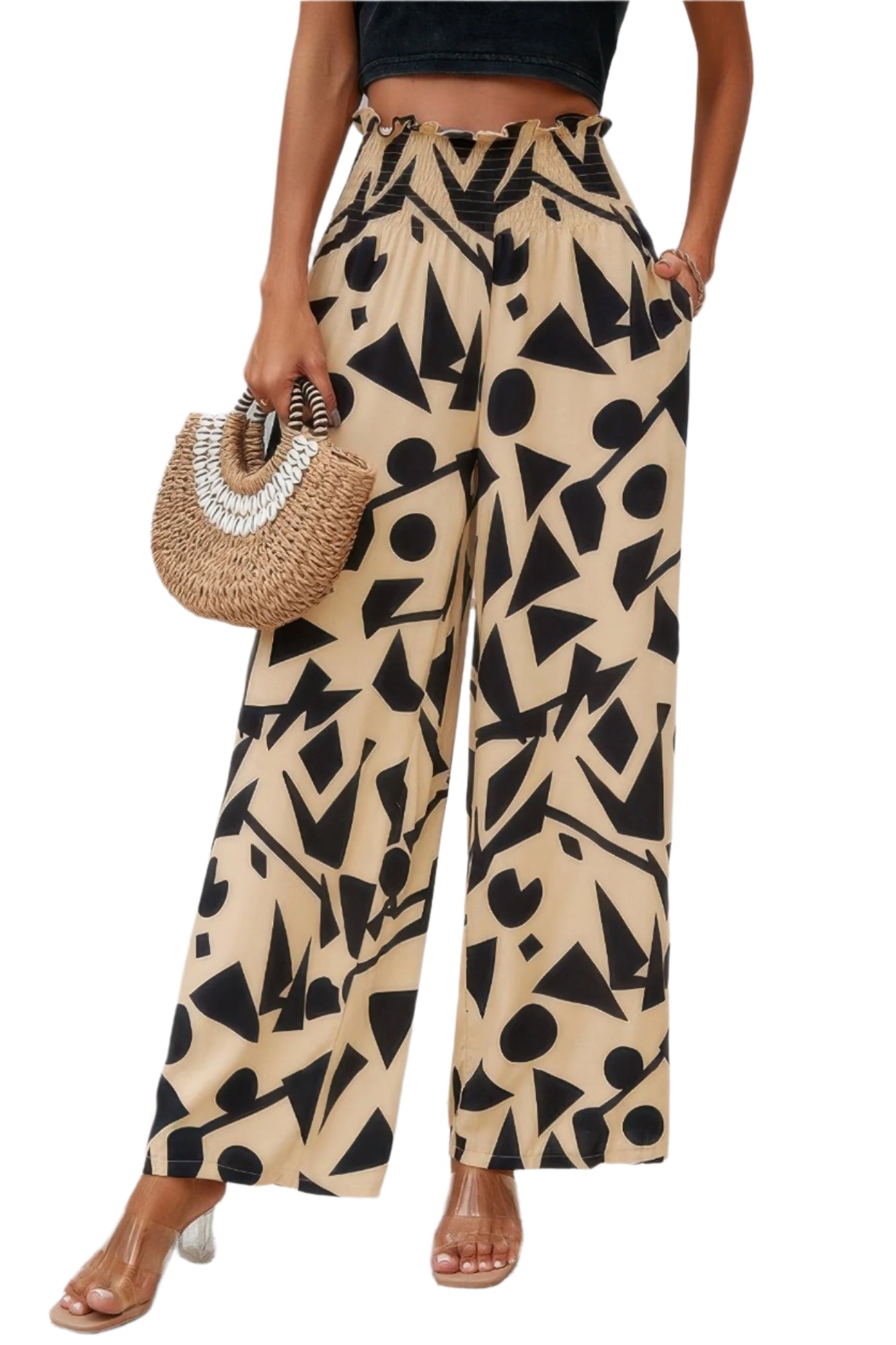 VacationGrabs women's beige wide-leg pants with black geometric shapes allover print vacation pants