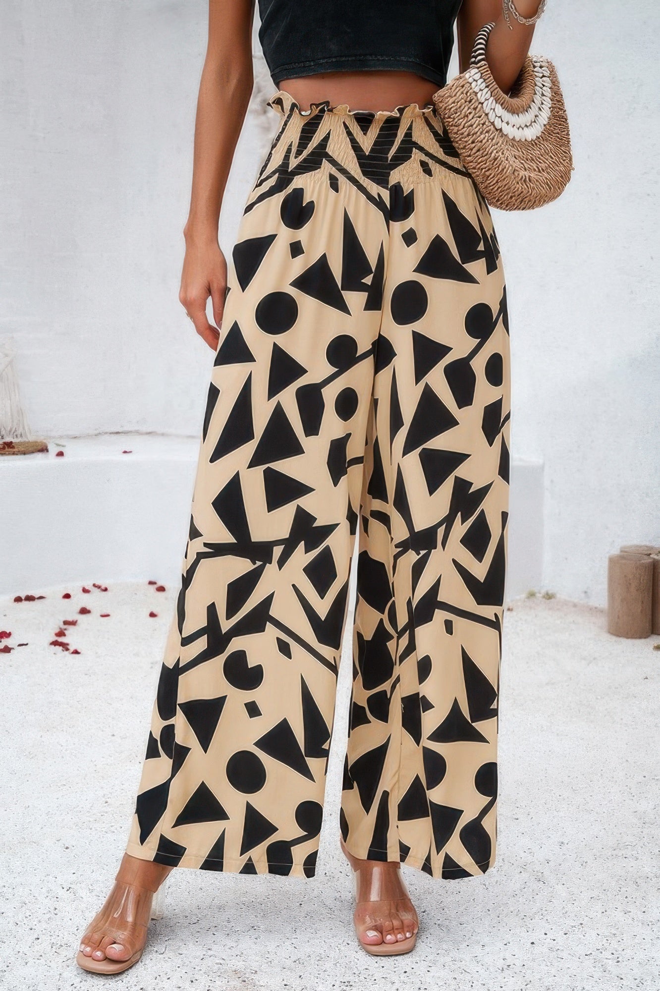 VacationGrabs women's beige pants with black geometric shapes and allover print vacation pants design