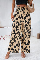 VacationGrabs women's beige pants with black geometric shapes and allover print vacation pants design