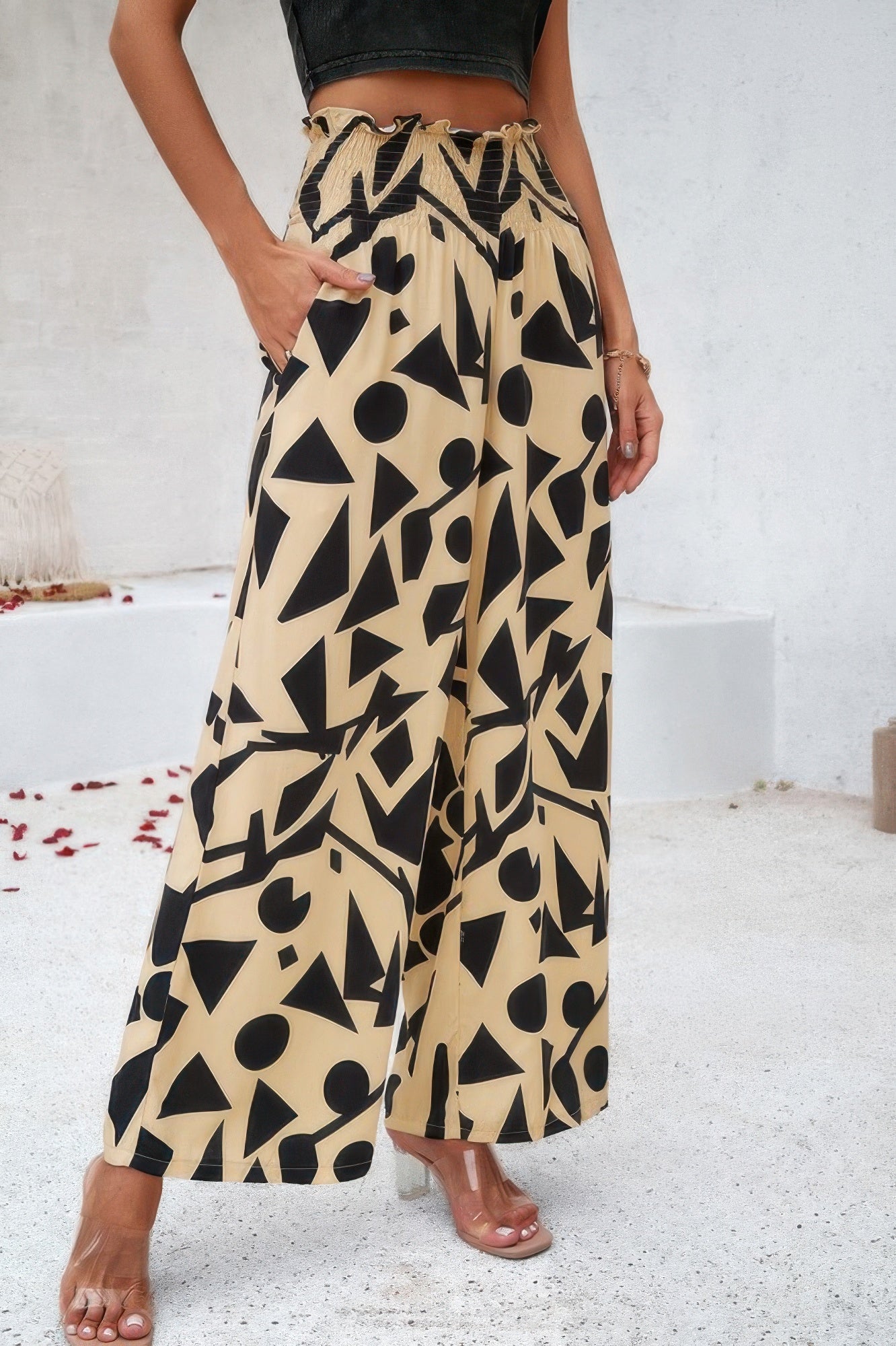 VacationGrabs women's allover print vacation pants with black geometric patterns on beige fabric