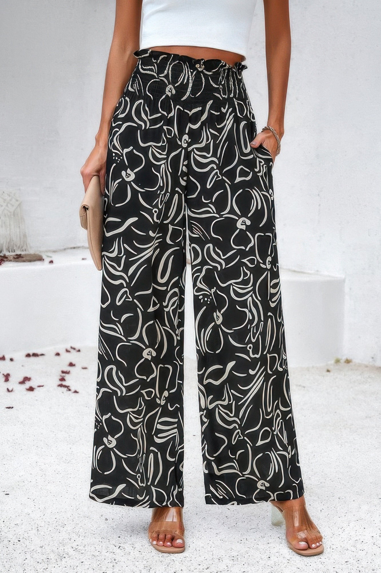 VacationGrabs black and white allover print vacation pants for women with wide legs and a paperbag waist