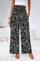 VacationGrabs black and white allover print vacation pants for women with wide legs and a paperbag waist