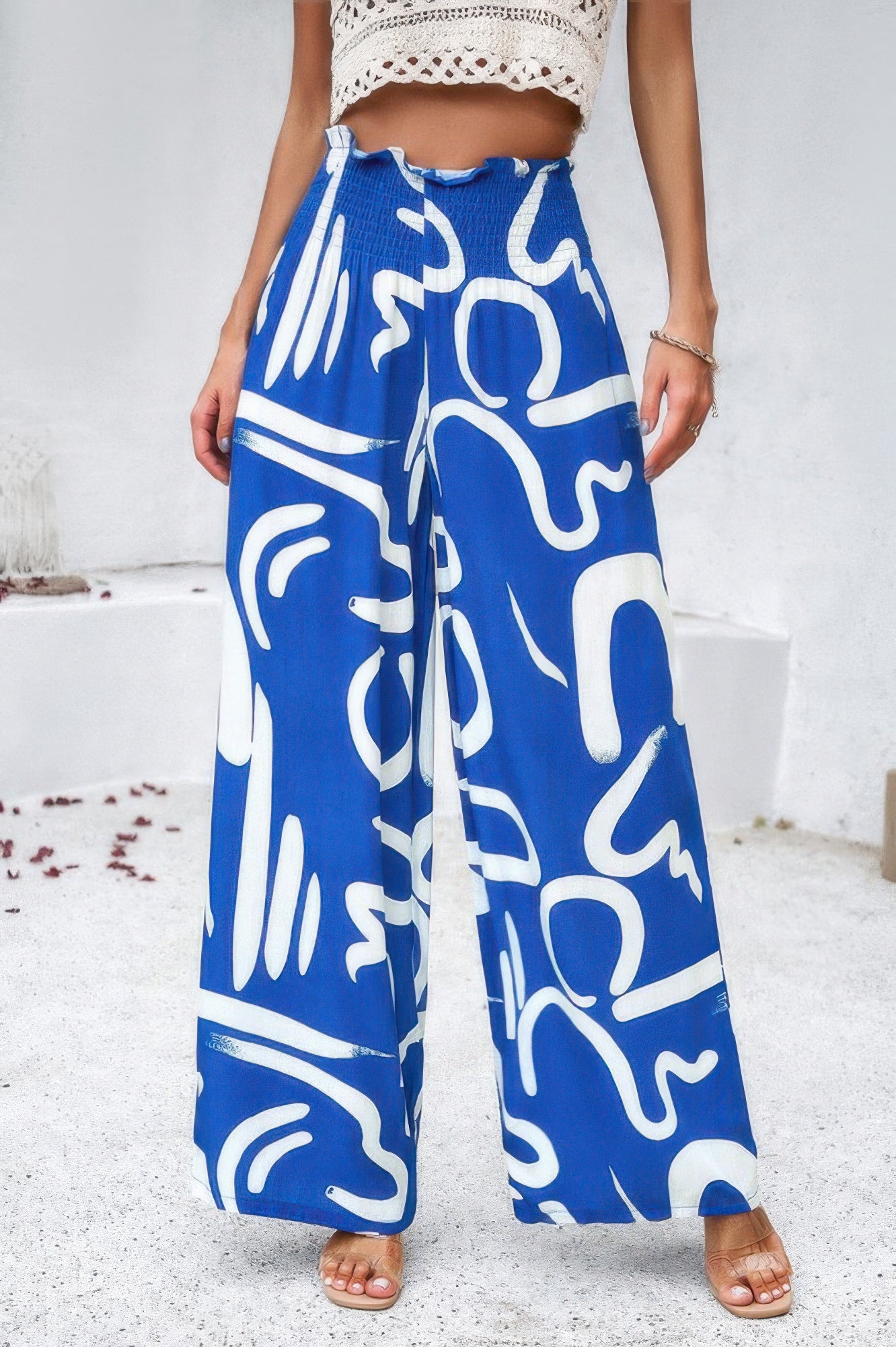 VacationGrabs women's blue and white allover print vacation pants with wide legs and elastic waist
