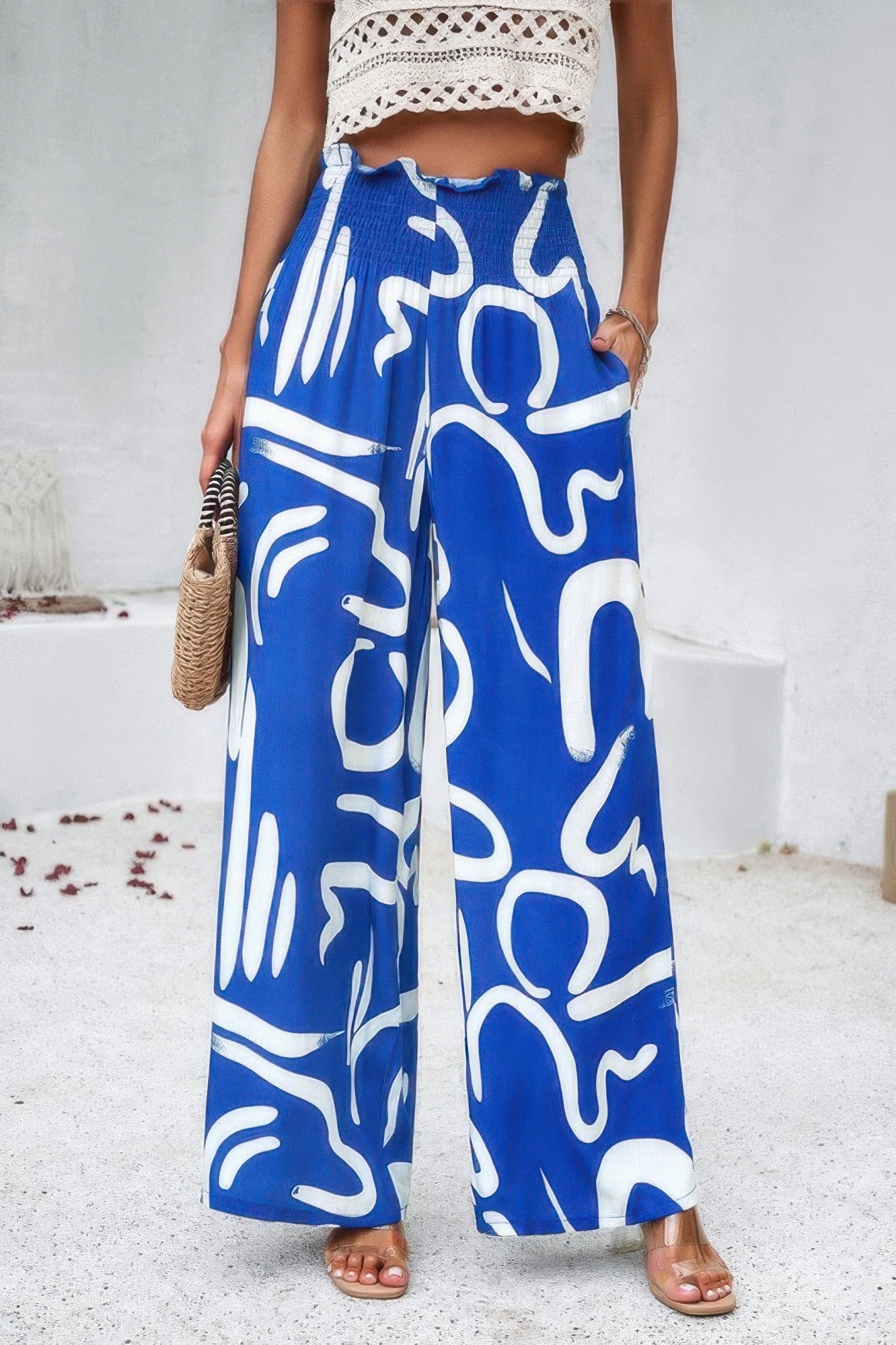 VacationGrabs women's blue allover print vacation pants with white abstract patterns and a relaxed fit