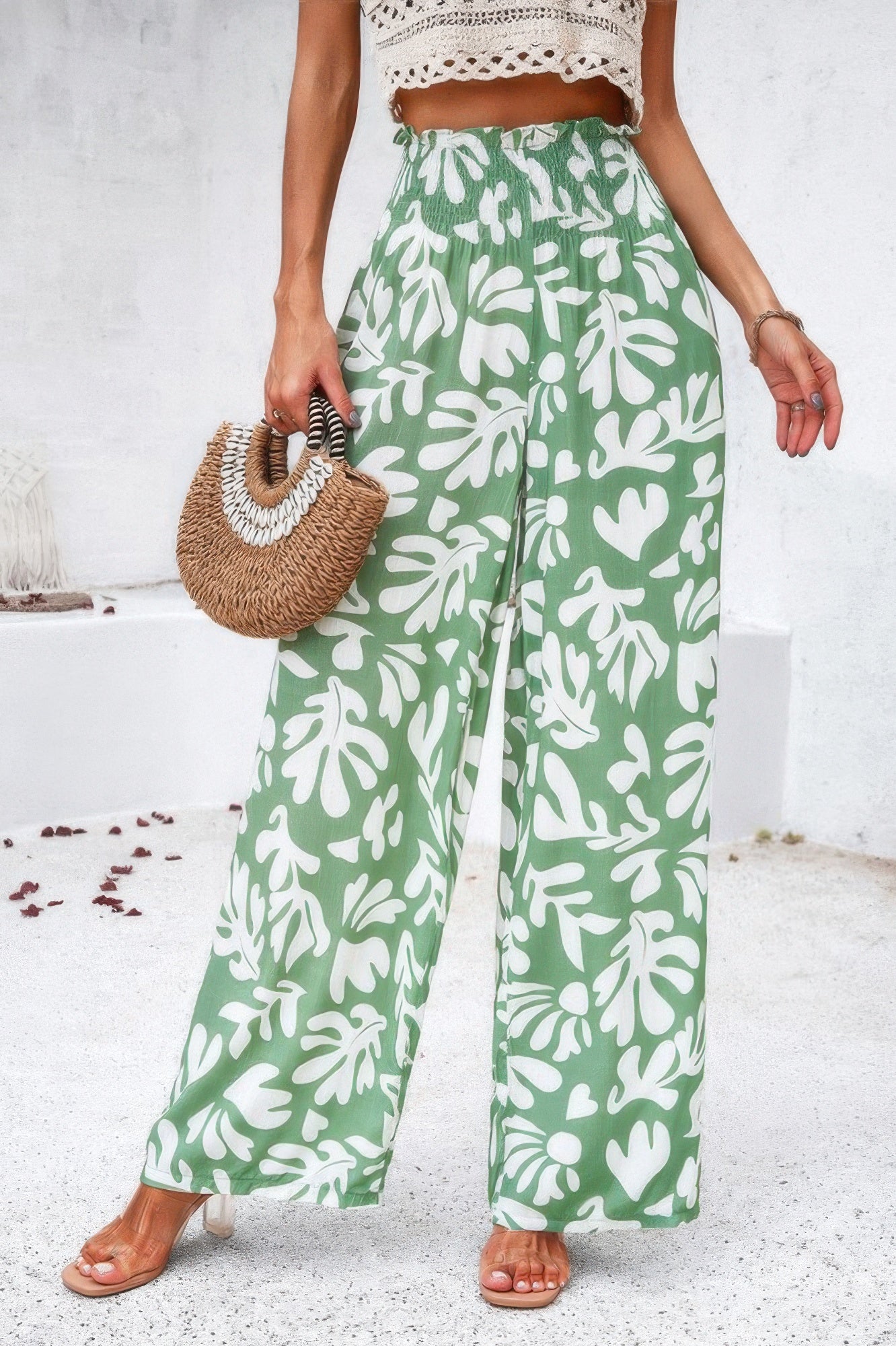 VacationGrabs women's allover print vacation pants in green and white with a relaxed fit