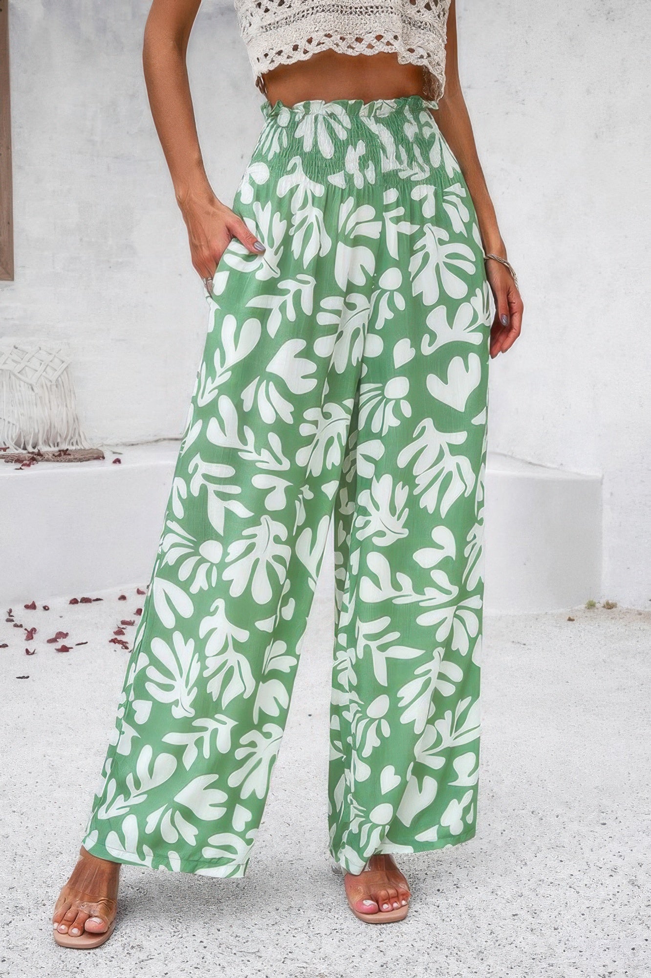 VacationGrabs women's green allover print vacation pants with white leaf pattern and elastic waistband