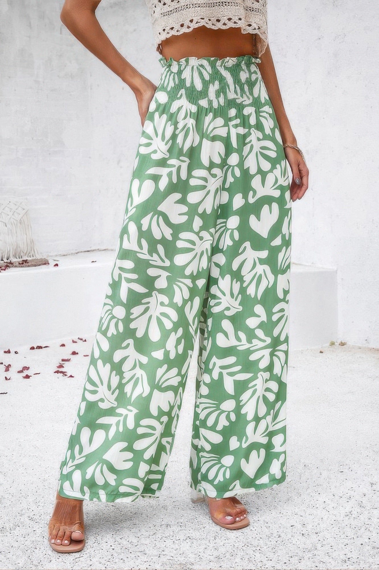 VacationGrabs women's allover print vacation pants with green and white leaf design and wide-leg fit