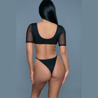 BE WICKED sexy black cutout swimsuit rear view with mesh short sleeves and high cut thong bottoms