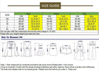 Size guide chart for clothing with measurements in centimeters and inches, including a section on how to measure.