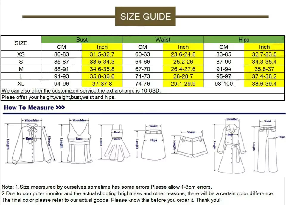 Size guide chart for clothing with measurements in centimeters and inches, including a section on how to measure.