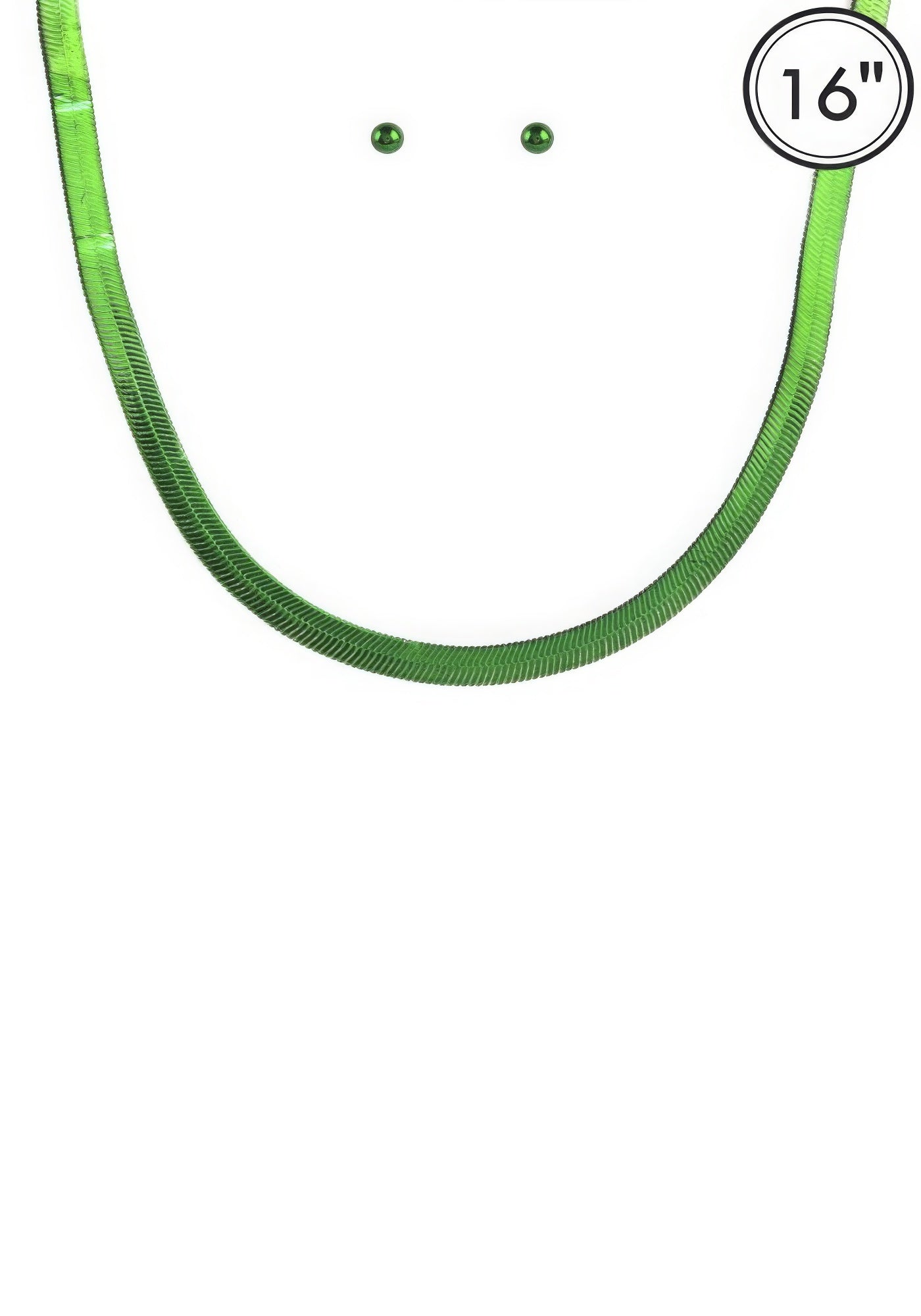 Aluminum herringbone necklace set in green featuring a 16-inch chain and matching earrings