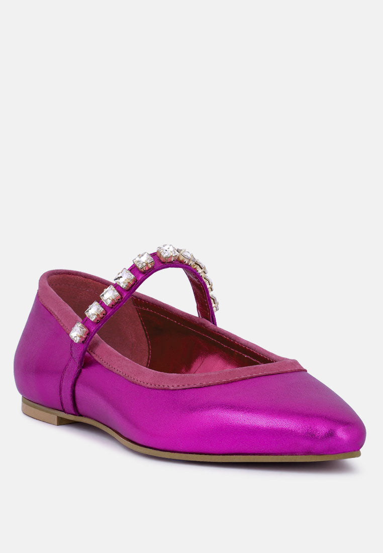 Alverno Metallic Diamante Mary Jane Leather Flats
