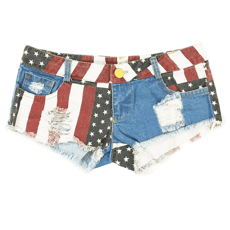 American flag hot pants denim shorts with distressed detailing and pockets for summer wear