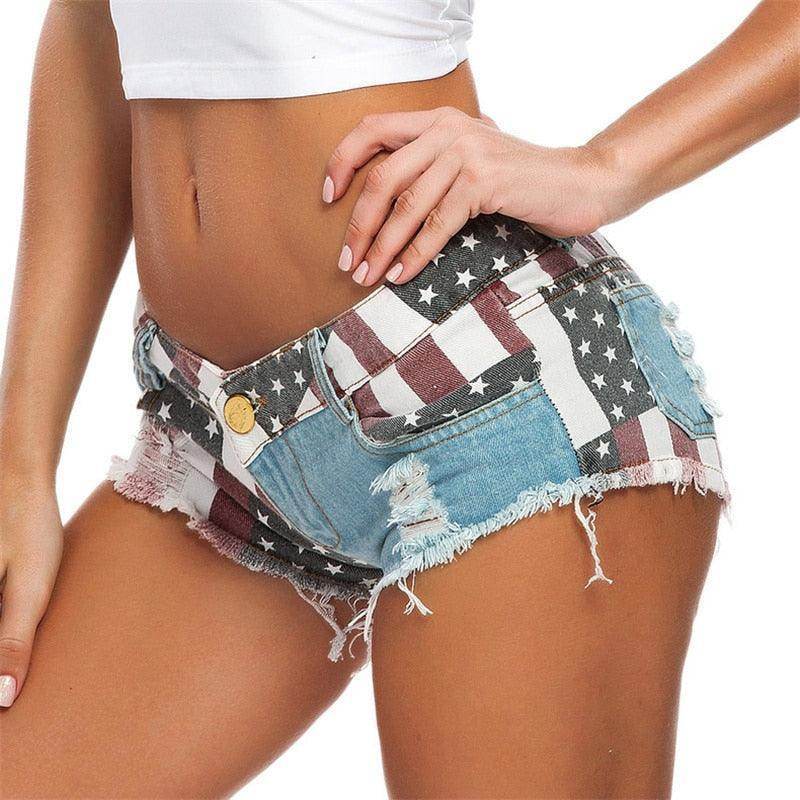 VacationGrabs American flag hot pants with a trendy high-waisted design and distressed detailing