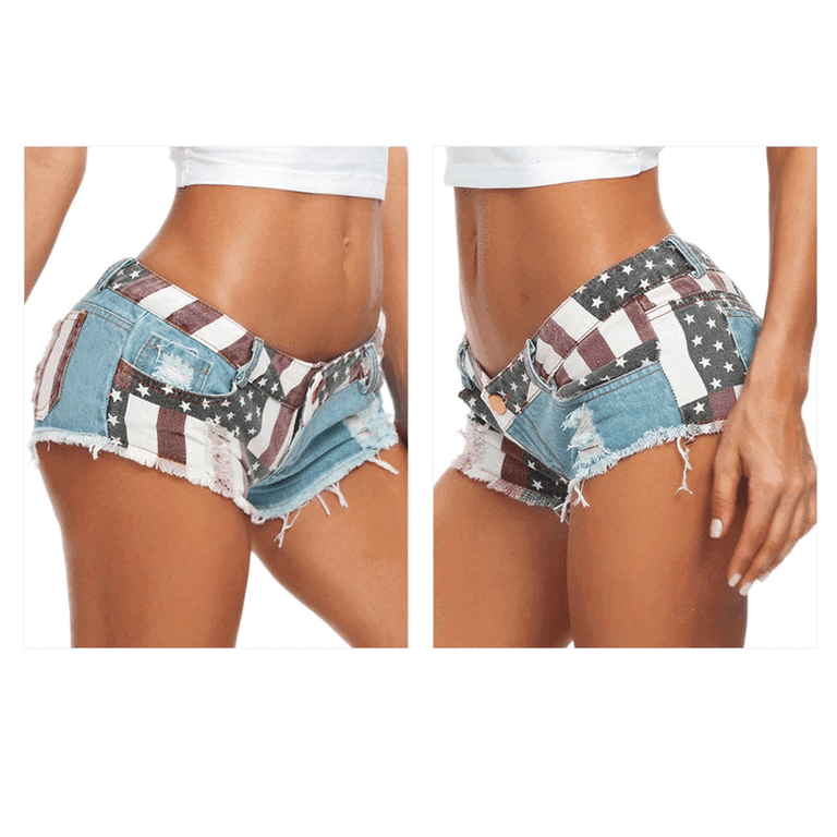 VacationGrabs American flag hot pants for women with a distressed denim design and patriotic colors