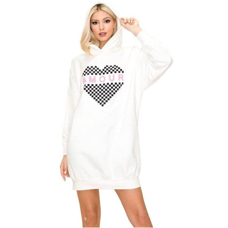 Andante USA Amour sweatshirt dress in white with a checkered heart design for casual stylish wear