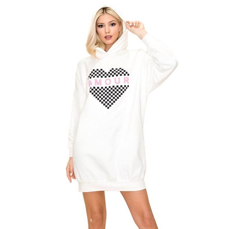 Andante USA Amour sweatshirt dress in white with a checkered heart design for casual stylish wear