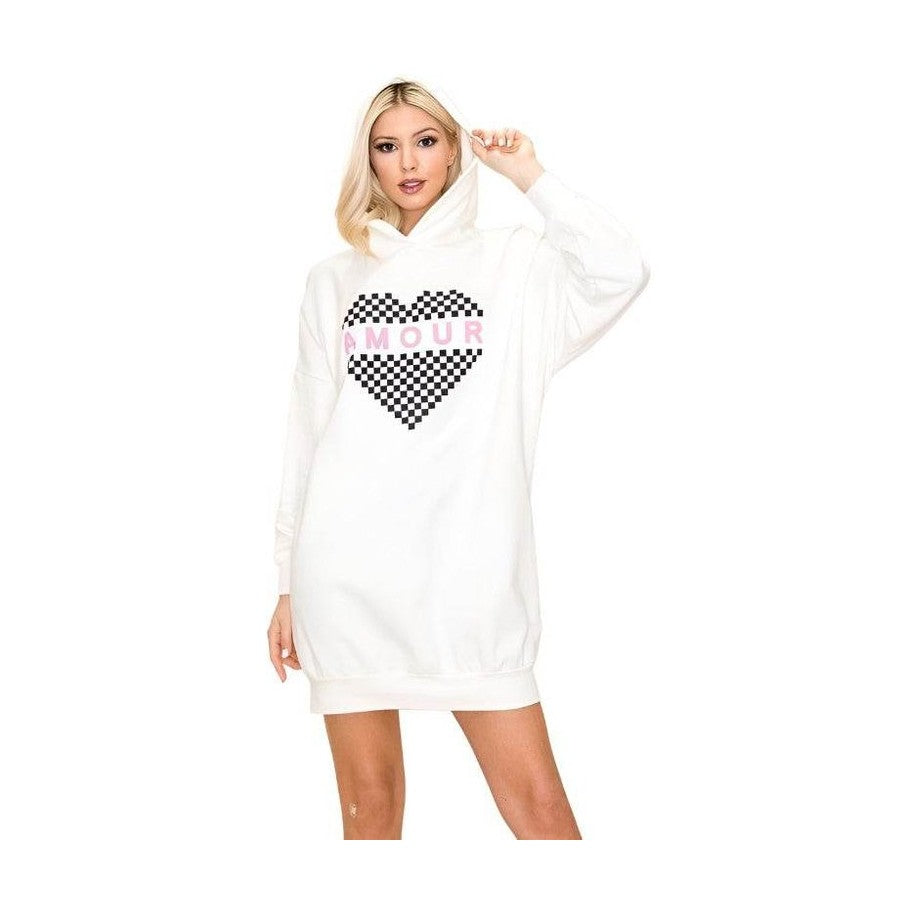 Andante USA Amour sweatshirt dress in white with a checkered heart design for casual stylish wear
