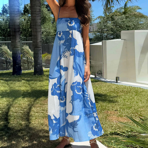 Women's blue floral maxi dress, perfect for summer vacations