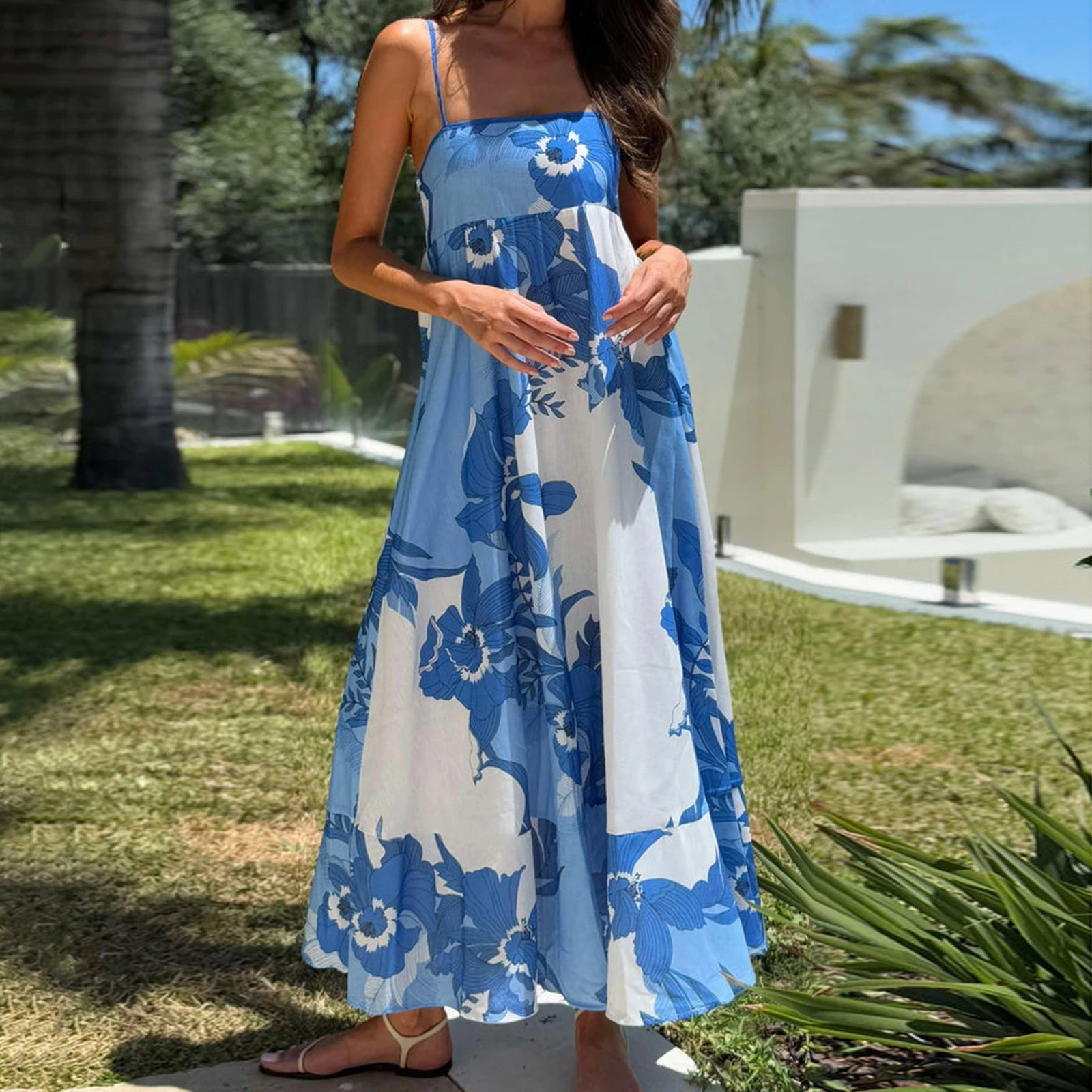 Women's floral blue and white maxi dress, perfect for summer outings