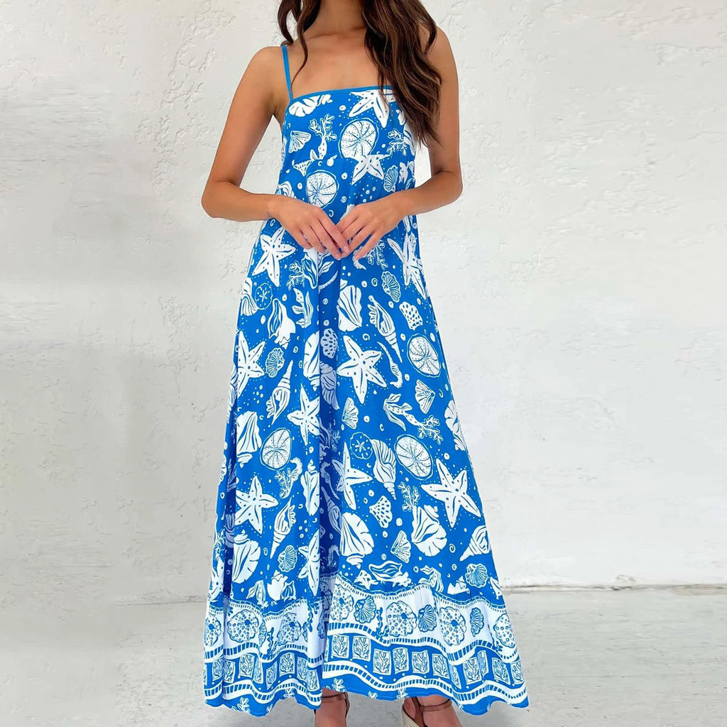 Women's blue floral print maxi dress, perfect for summer vacations