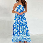 Women's blue floral print maxi dress, perfect for summer vacations