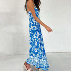 Women's blue floral strapless maxi dress for summer outings