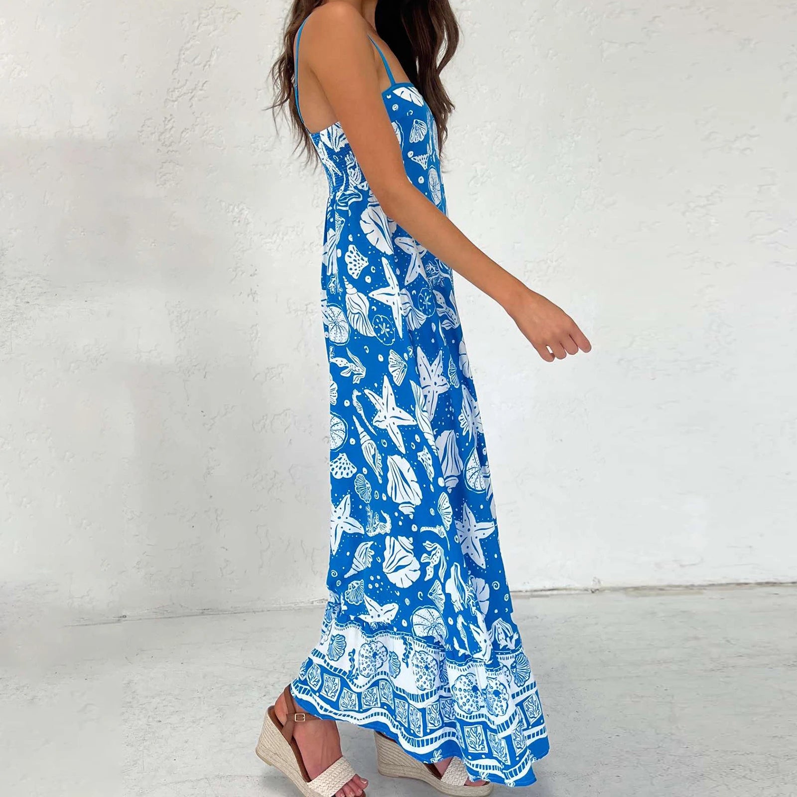 Women's blue floral strapless maxi dress for summer outings