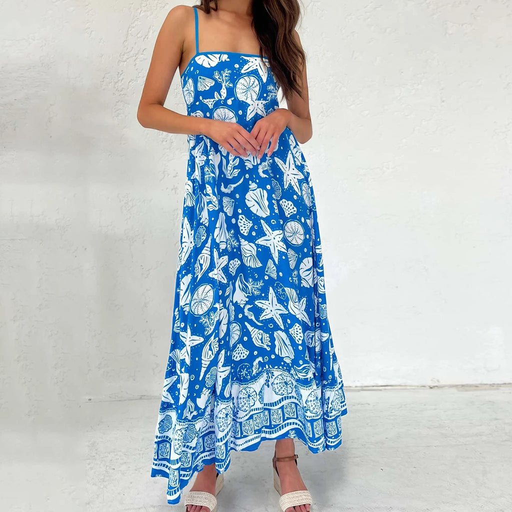 Women's blue floral print maxi dress for summer vacations