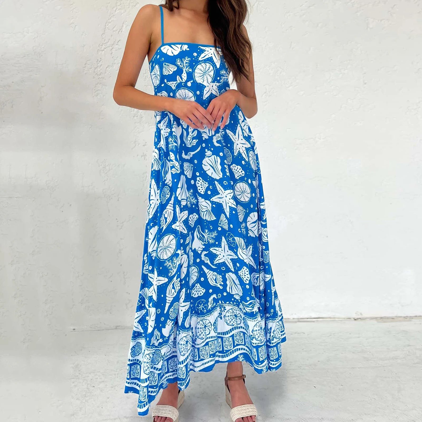Women's blue floral print maxi dress for summer vacations