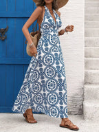 Women's blue and white patterned maxi dress for summer occasions