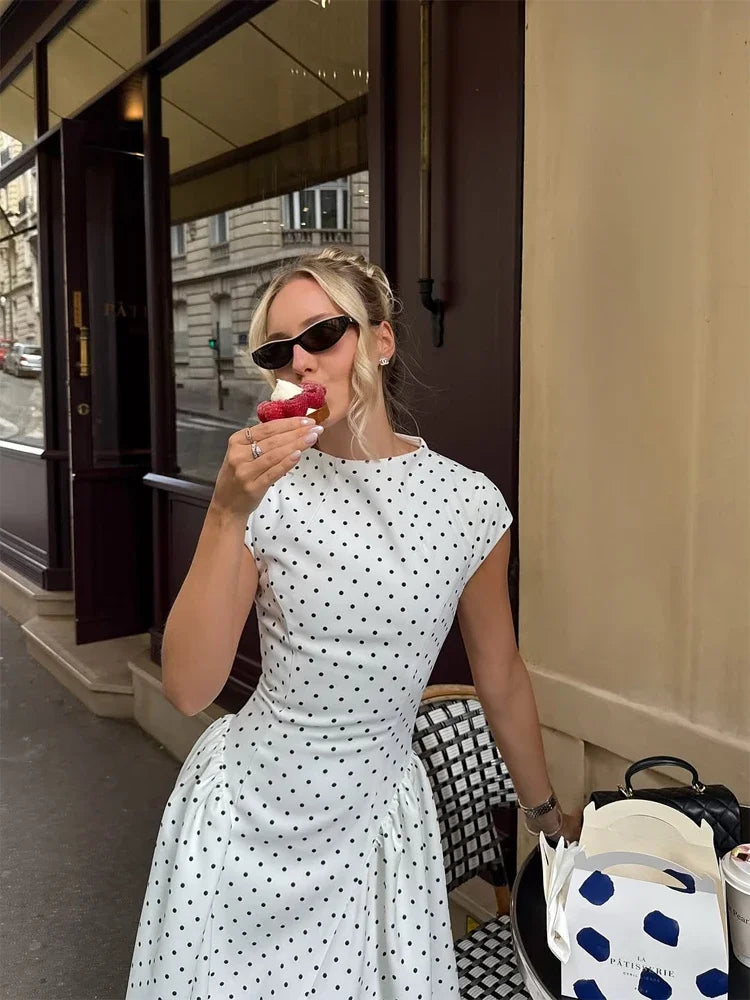 White polka dot midi dress, stylish and perfect for summer outings and maxi dress.