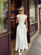White polka dot and maxi dress, perfect for summer outings