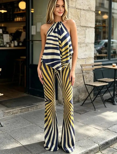 Women's striped halter top and flared pants set for casual outings