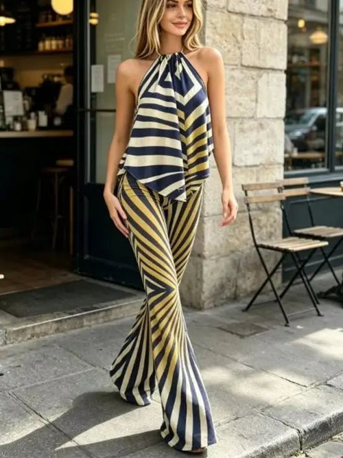 Women's striped halter top and flared pants, perfect for stylish outings