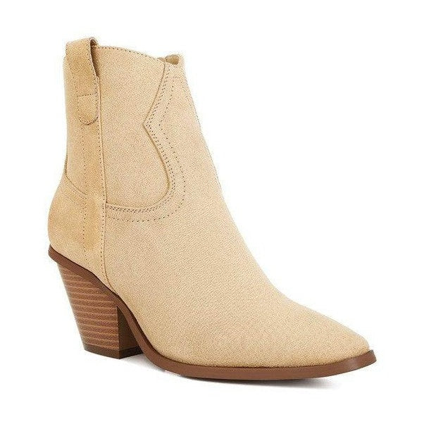 Rag Company ankle length western boots in beige with a stylish pointed toe and stacked heel