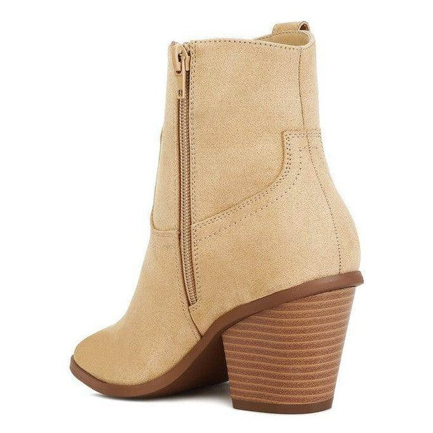 Rag Company ankle length western boots in tan with a stylish heel and side zipper closure