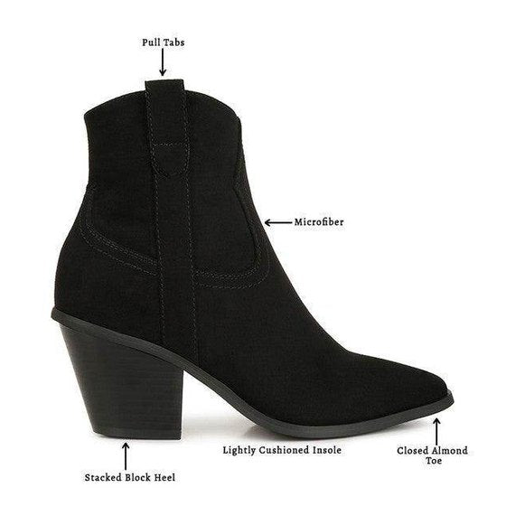 Rag Company Black Ankle Length Western Boots with Stacked Block Heel and Lightly Cushioned Insole